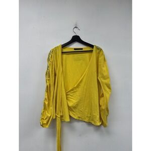 Marithe Francois Girbaud Blouse Womens Medium Yellow Wrap Tie Waist Long Sleeve
